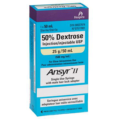 50% Dextrose Injection Sterile 25g/50 ml (500mg/ml) - Single Use Syringe Preloaded